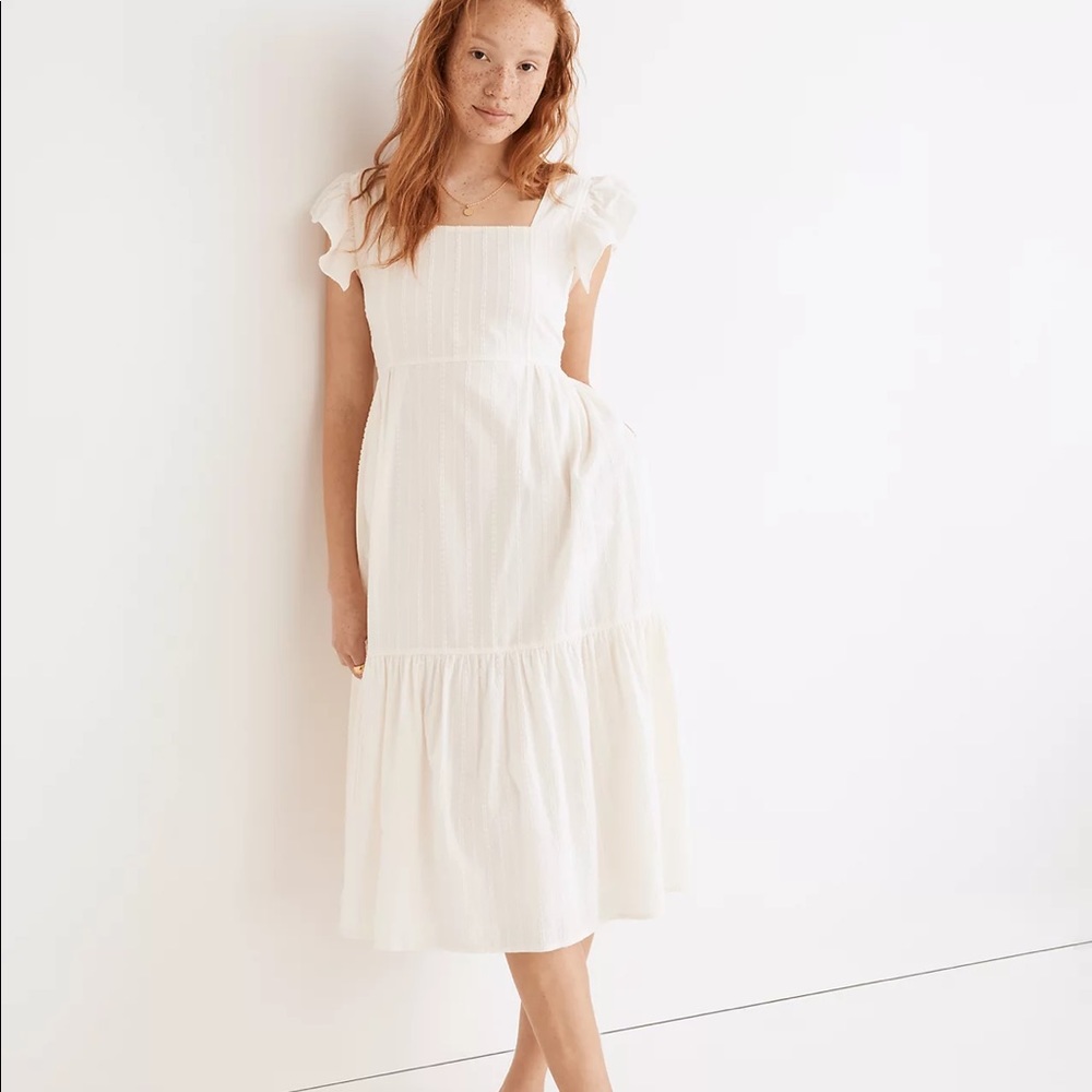 Madewell Ruffle-strap tiered midi dress in textural stripe